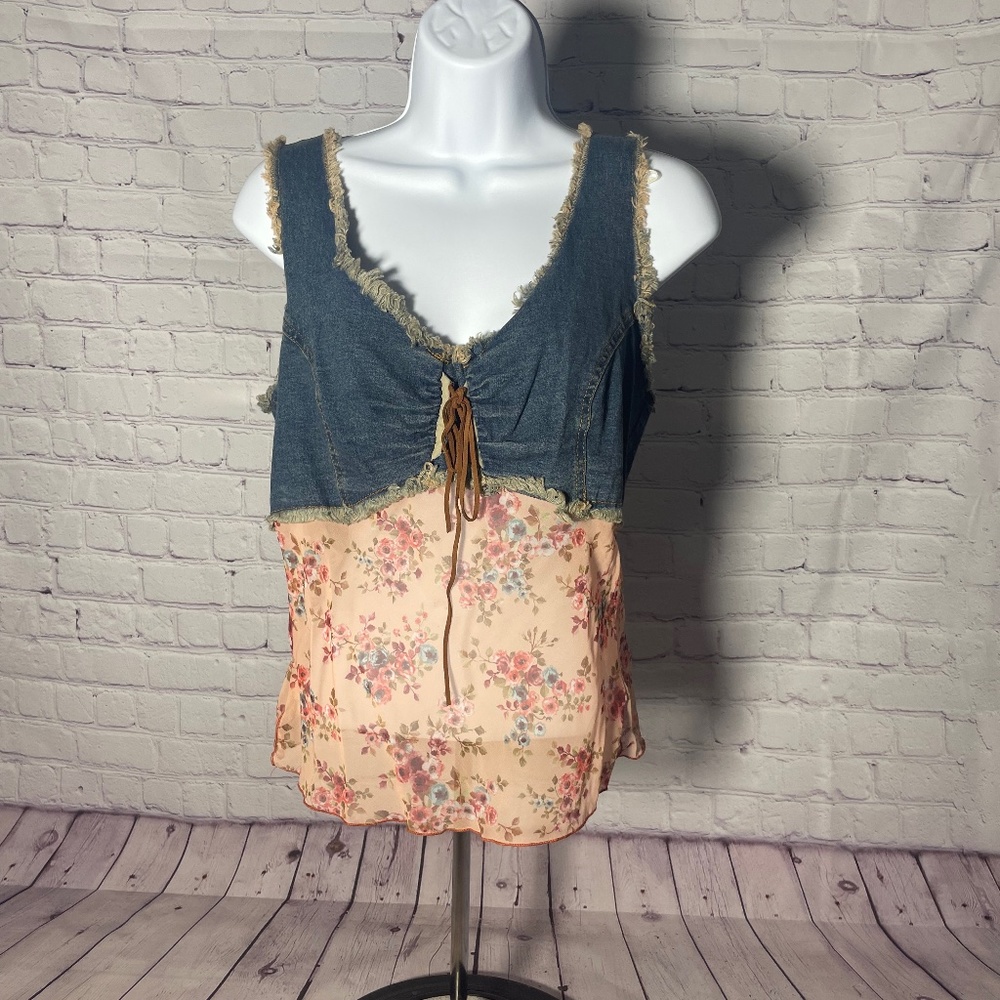 Vintage Fang Denim Lace Up Floral Tank Top Size L